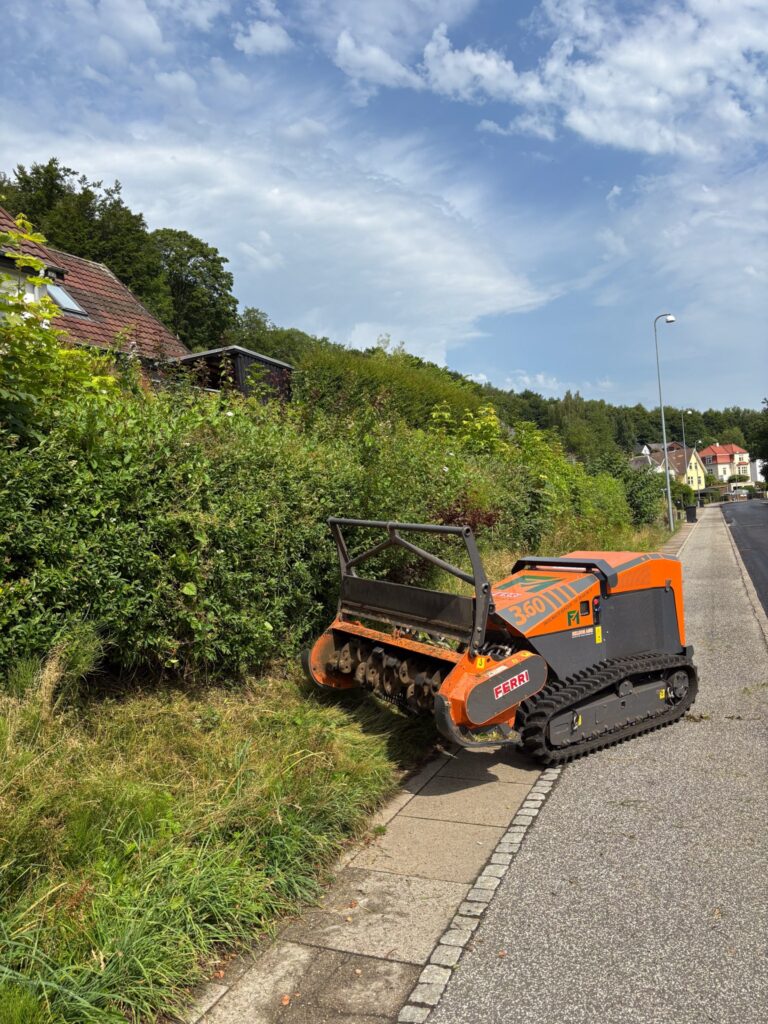 Fjernstyret maskine rydder en tilgroet skråning